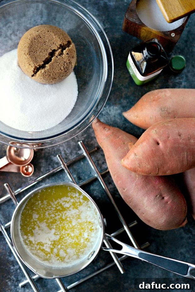 Assorted ingredients for slow cooker candied sweet potatoes laid out on a table.