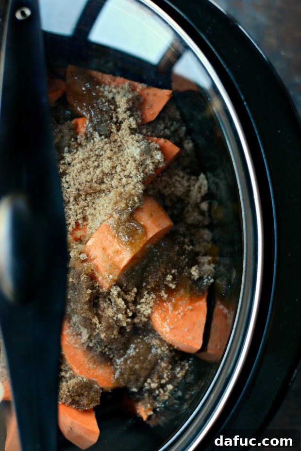 Peeled sweet potato chunks with sugar, butter, and vanilla extract in a slow cooker, ready for cooking.