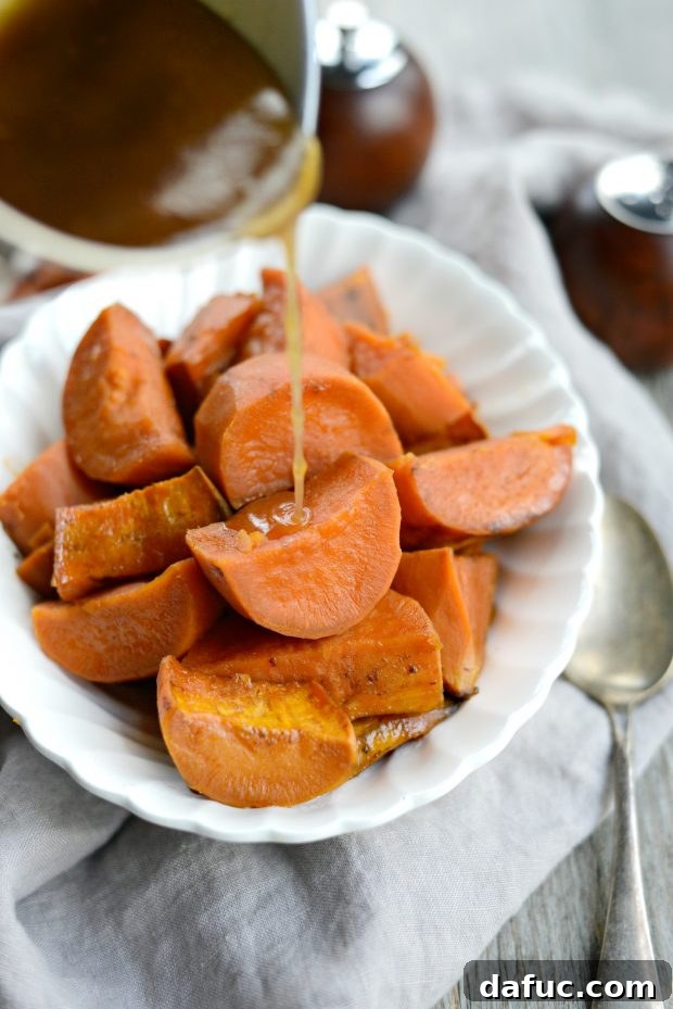 Pouring thickened vanilla-brown sugar-butter glaze over slow-cooked sweet potatoes.