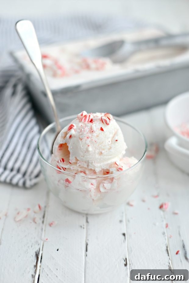 Peppermint Candy Cane Ice Cream served in a bowl