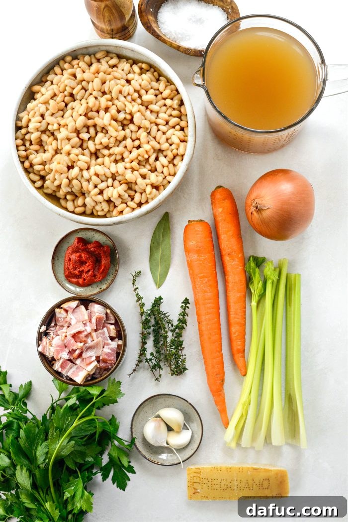 Smoky Bean and Bacon Delight 4 A vibrant display of fresh ingredients for Bean and Bacon Soup, including diced bacon, canned navy beans, onions, carrots, celery, garlic, and herbs.