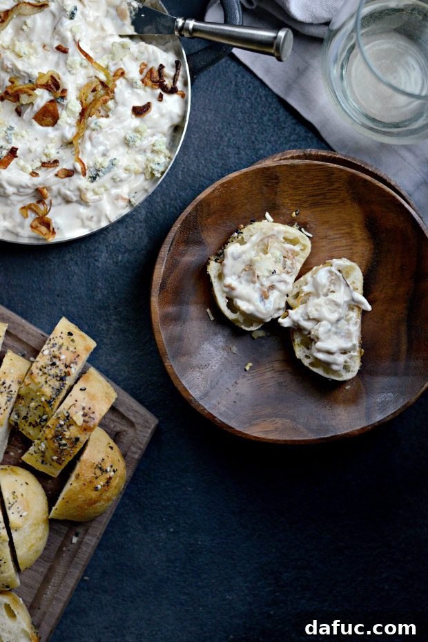 A final close-up of the delicious Caramelized Shallot and Blue Cheese Dip, garnished and ready.