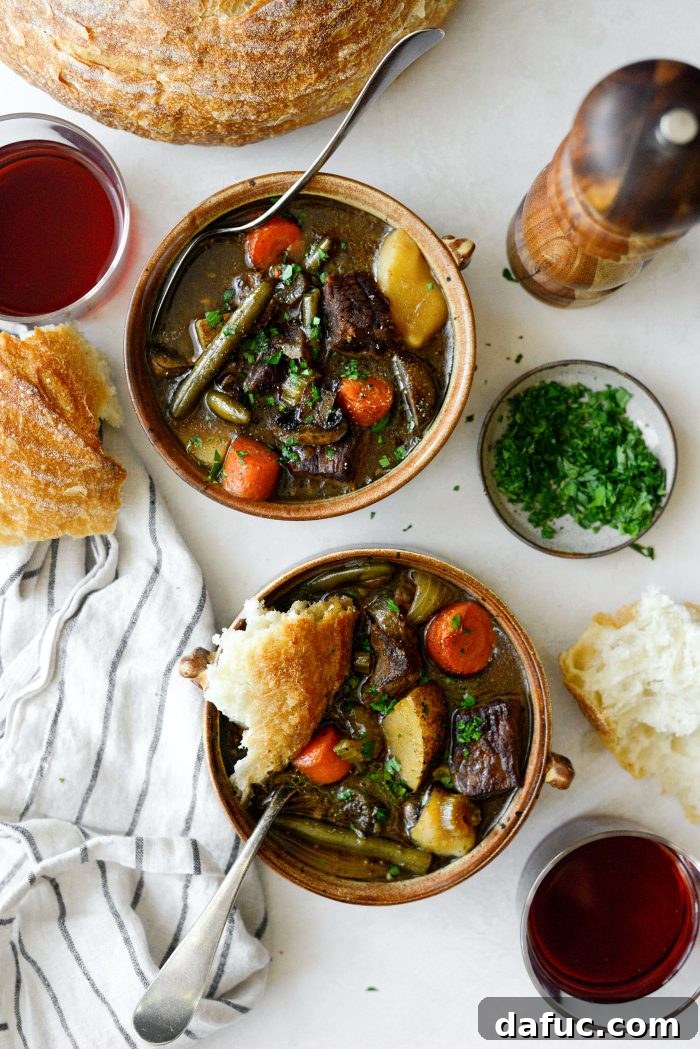 Close-up of a rustic bowl of oven braised beef stew, perfect for winter