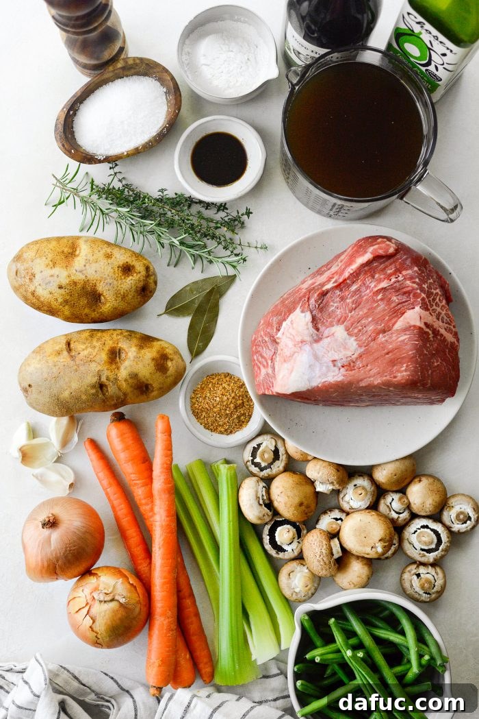 Array of fresh ingredients for oven braised beef stew