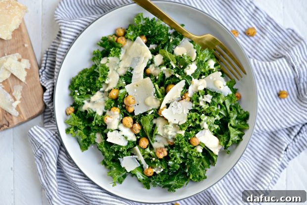 Creamy Tahini Kale Caesar Salad 13 Top-down view of Healthy Kale Caesar Salad