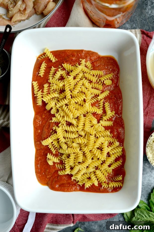 Easy One-Pan Chicken Parmesan Bake 7 add in pasta