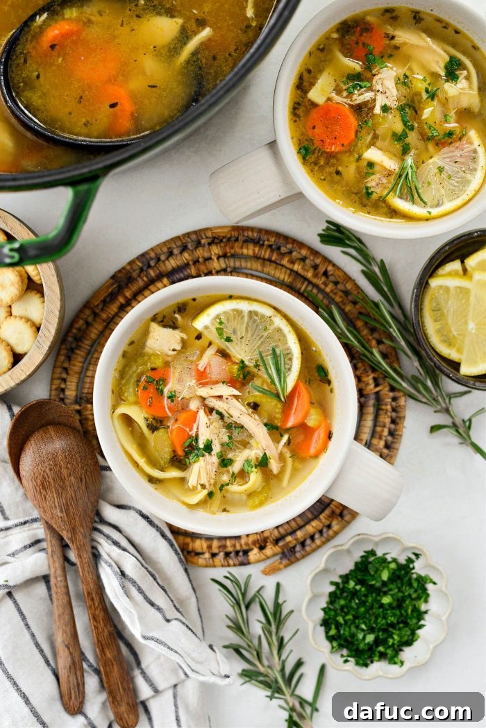 Bright Lemon Rosemary Chicken Noodle Soup 15 A bowl of delicious Lemon Rosemary Chicken Noodle Soup