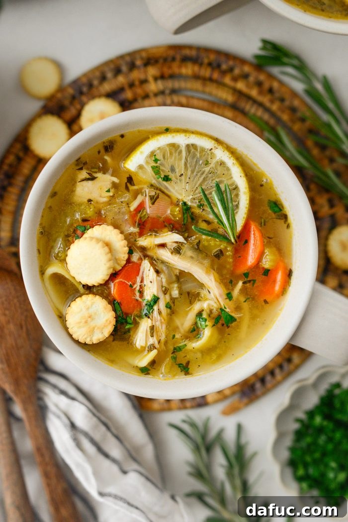 Bright Lemon Rosemary Chicken Noodle Soup 16 Lemon Rosemary Chicken Noodle Soup with fresh parsley garnish