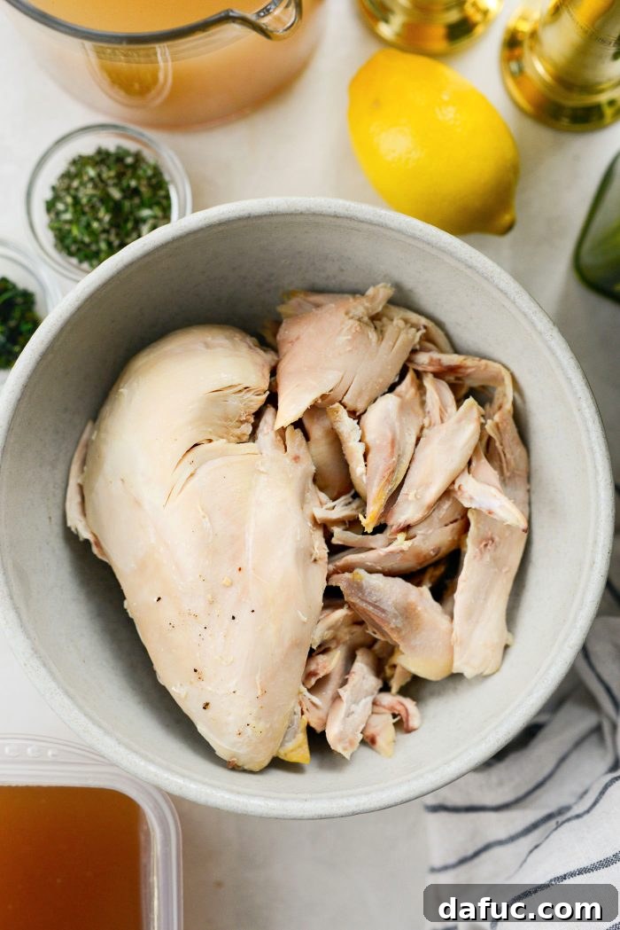 Bright Lemon Rosemary Chicken Noodle Soup 5 Shredded cooked chicken, perfect for adding to soup