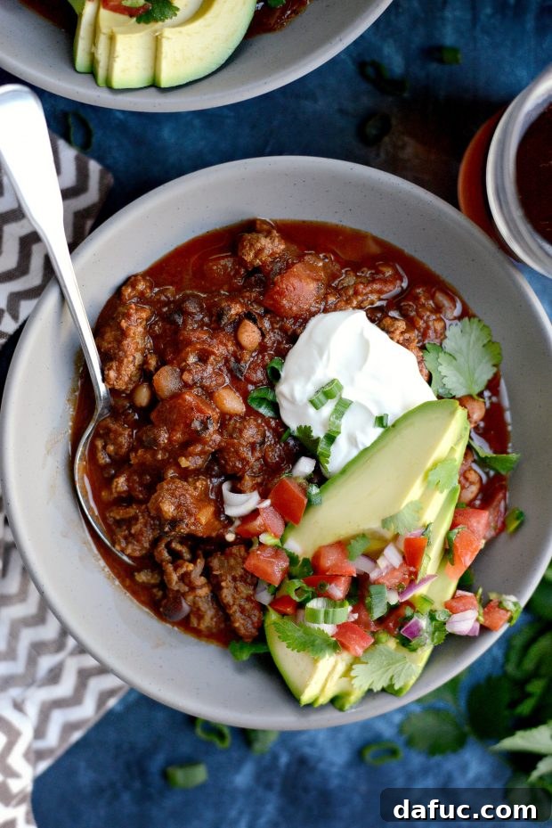 Another view of the delicious Ancho Chorizo Chili, showcasing its hearty texture and inviting warmth.