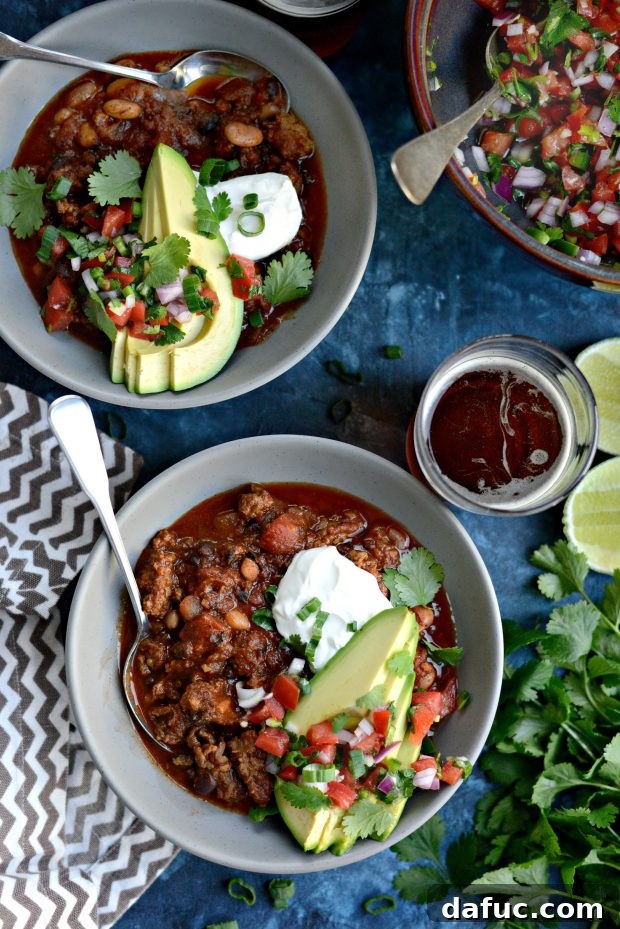 A final, enticing image of the Ancho Chorizo Chili, emphasizing its rich texture and readiness to be enjoyed.