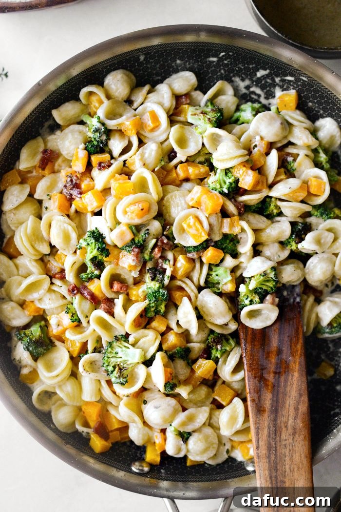 Autumn Orecchiette with Pancetta, Butternut Squash, and Broccoli 17 Orecchiette pasta dish tossed to combine all ingredients in a large skillet