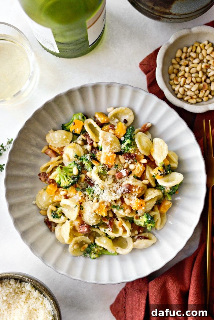 Autumn Orecchiette with Pancetta, Butternut Squash, and Broccoli 18 Served Orecchiette Pasta with Pancetta, Butternut Squash, and Broccoli in a bowl