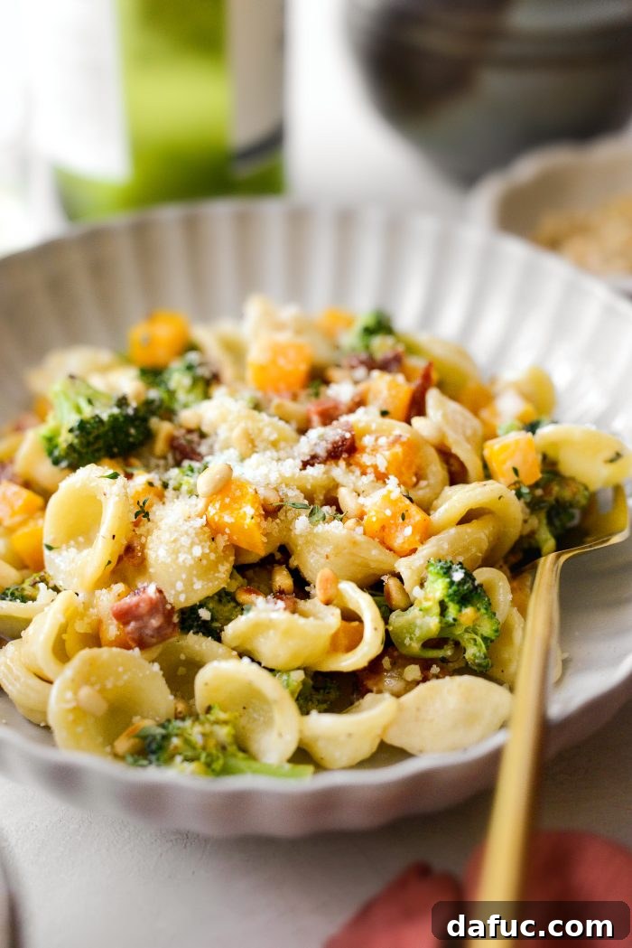 Autumn Orecchiette with Pancetta, Butternut Squash, and Broccoli 3 Close-up of Orecchiette Pasta dish showing the creamy sauce and roasted vegetables