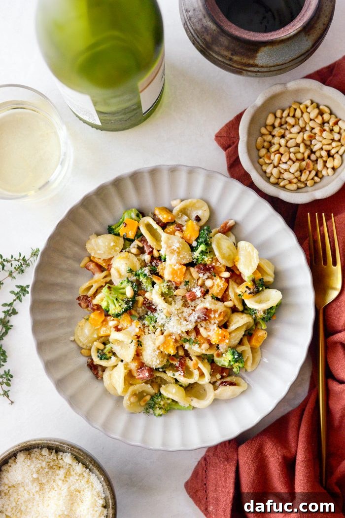 Autumn Orecchiette with Pancetta, Butternut Squash, and Broccoli 20 Another appealing shot of the Orecchiette Pasta dish with focus on texture and fresh garnishes