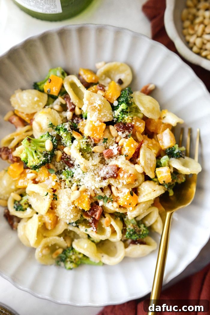 Autumn Orecchiette with Pancetta, Butternut Squash, and Broccoli 21 Final, close-up shot of the Orecchiette Pasta, highlighting the ingredients and creamy sauce