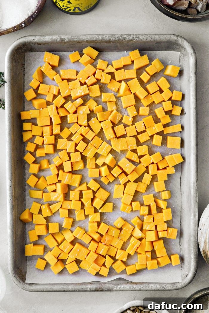 Autumn Orecchiette with Pancetta, Butternut Squash, and Broccoli 5 Butternut squash diced and tossed with olive oil and kosher salt on a baking sheet