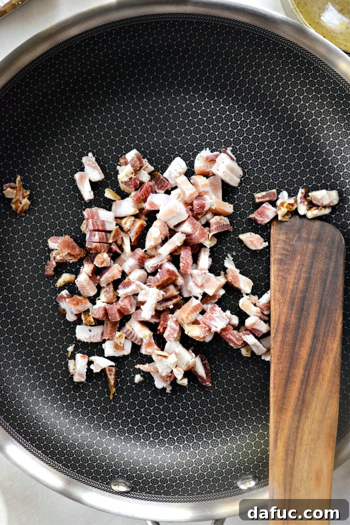 Autumn Orecchiette with Pancetta, Butternut Squash, and Broccoli 10 Diced pancetta cooking in a large skillet