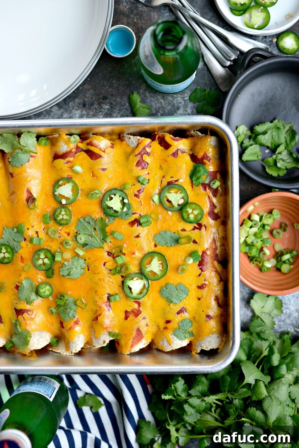 Fiesta Chicken and Rice Enchiladas 11 Close-up of a serving of Chicken and Rice Enchiladas with toppings