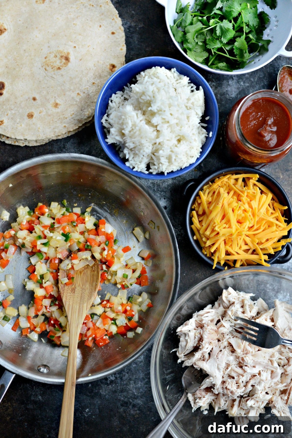 Fiesta Chicken and Rice Enchiladas 4 Ingredients laid out for Chicken and Rice Enchiladas preparation