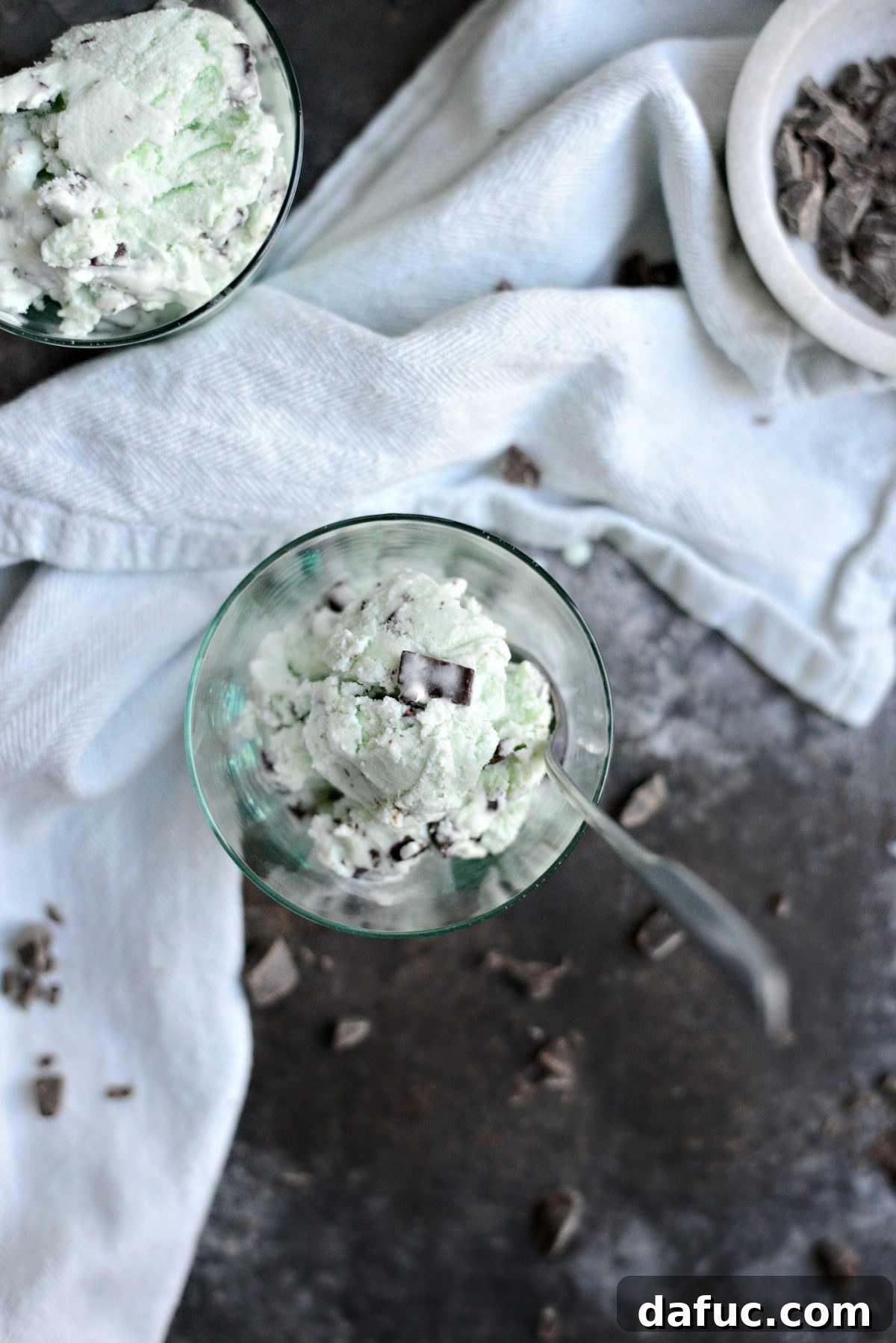 Two bowls of Homemade Mint Chocolate Chip Ice Cream