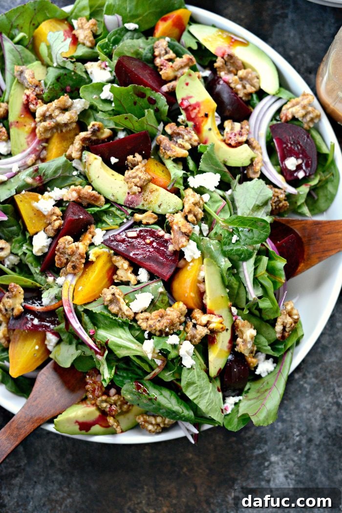 Honey-Kissed Roasted Beet Salad with Zesty Dijon 2 Roasted Beet Salad with Avocado, Goat Cheese And Honey Dijon Vinaigrette, vibrant colors