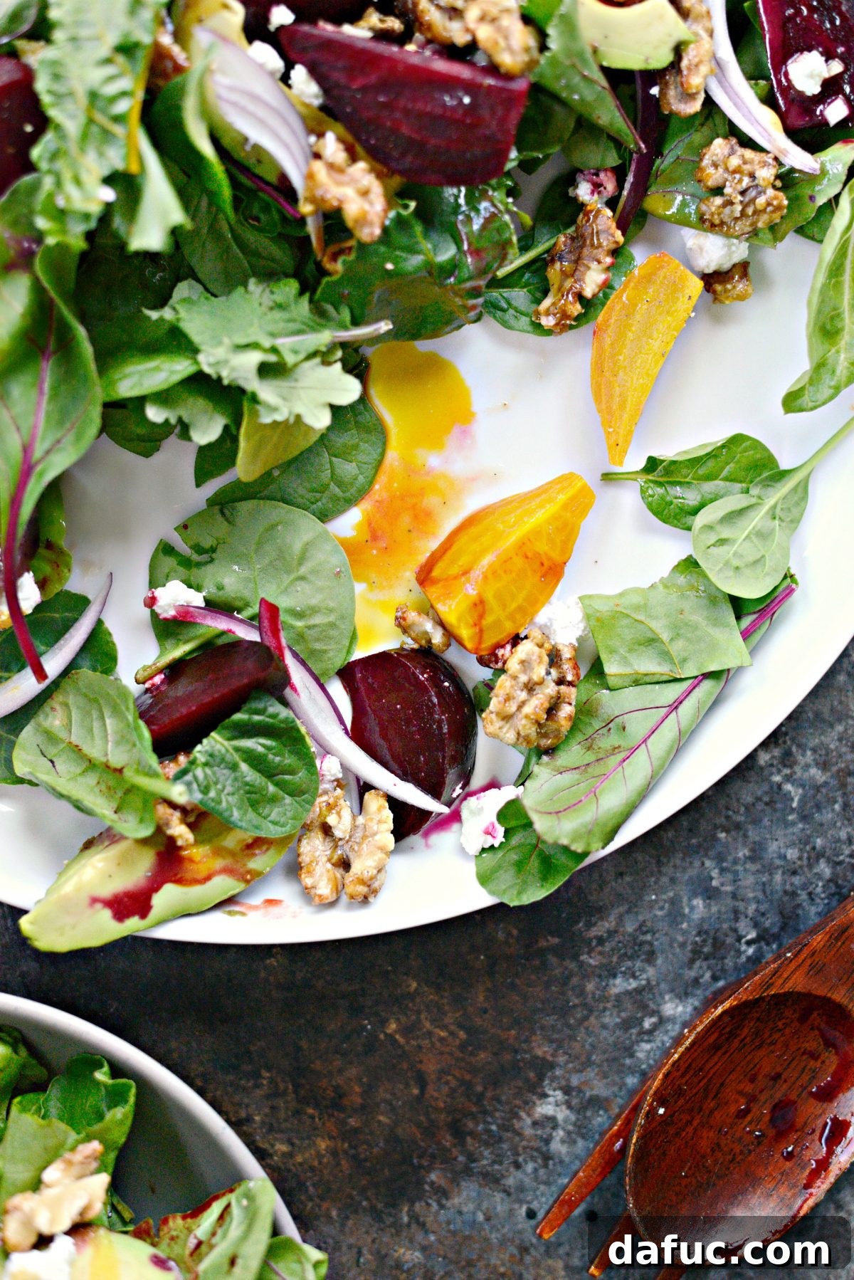 Honey-Kissed Roasted Beet Salad with Zesty Dijon 16 Roasted Beet Salad with Avocado, Goat Cheese And Honey Dijon Vinaigrette, top view