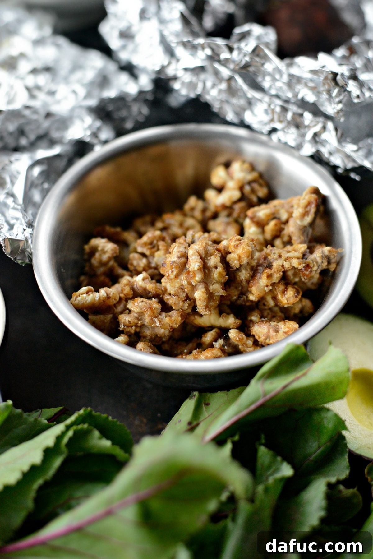 Honey-Kissed Roasted Beet Salad with Zesty Dijon 7 Freshly made candied walnuts in a serving bowl