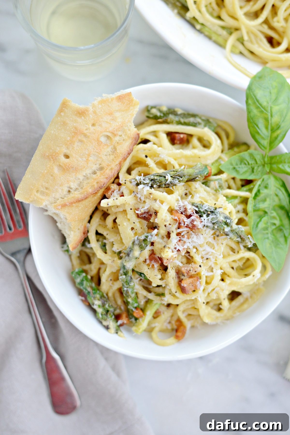 Spring Asparagus Pancetta Carbonara 2 Pancetta Asparagus Carbonara with crispy pancetta and fresh asparagus