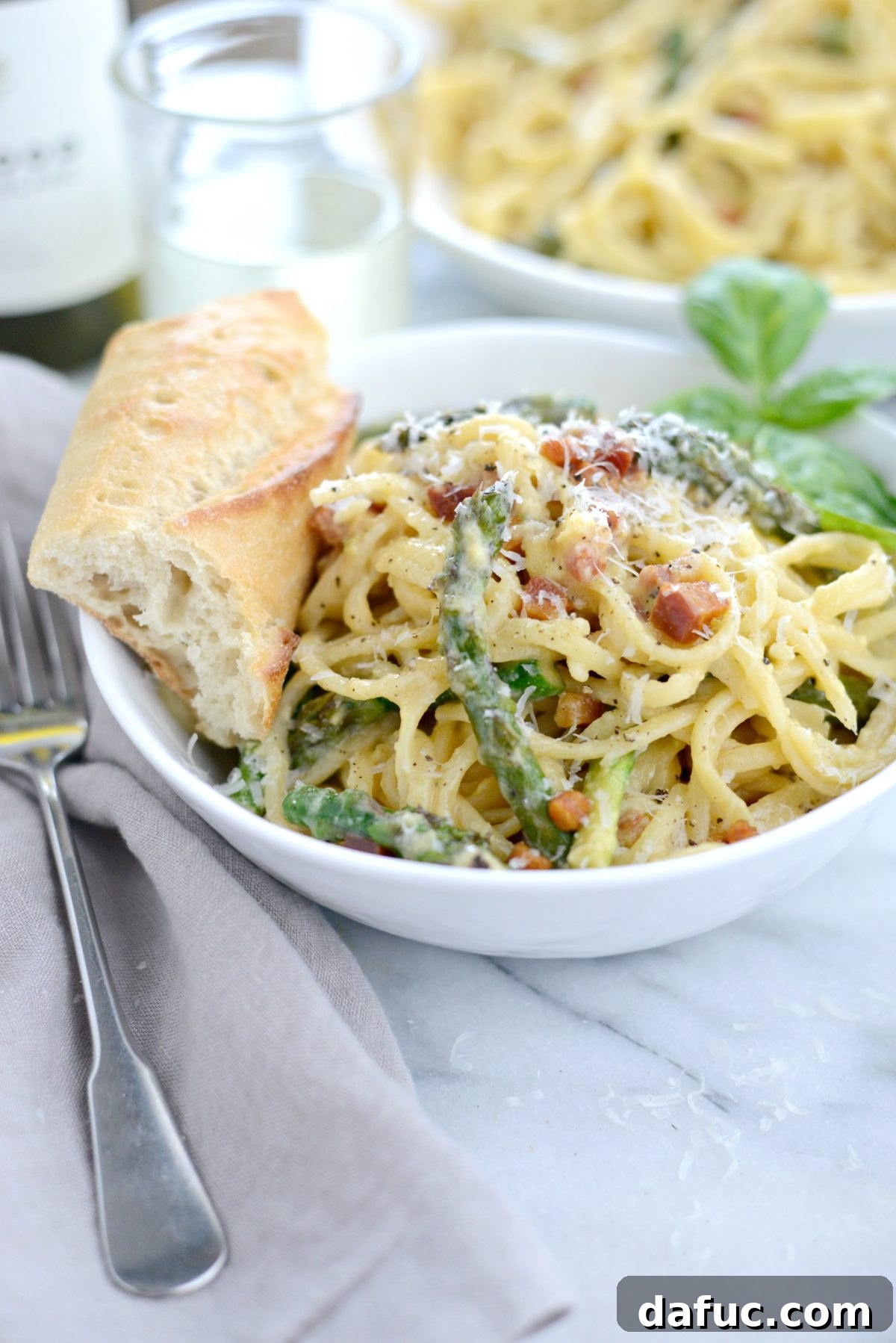 Spring Asparagus Pancetta Carbonara 8 Pancetta Asparagus Carbonara garnished with fresh basil