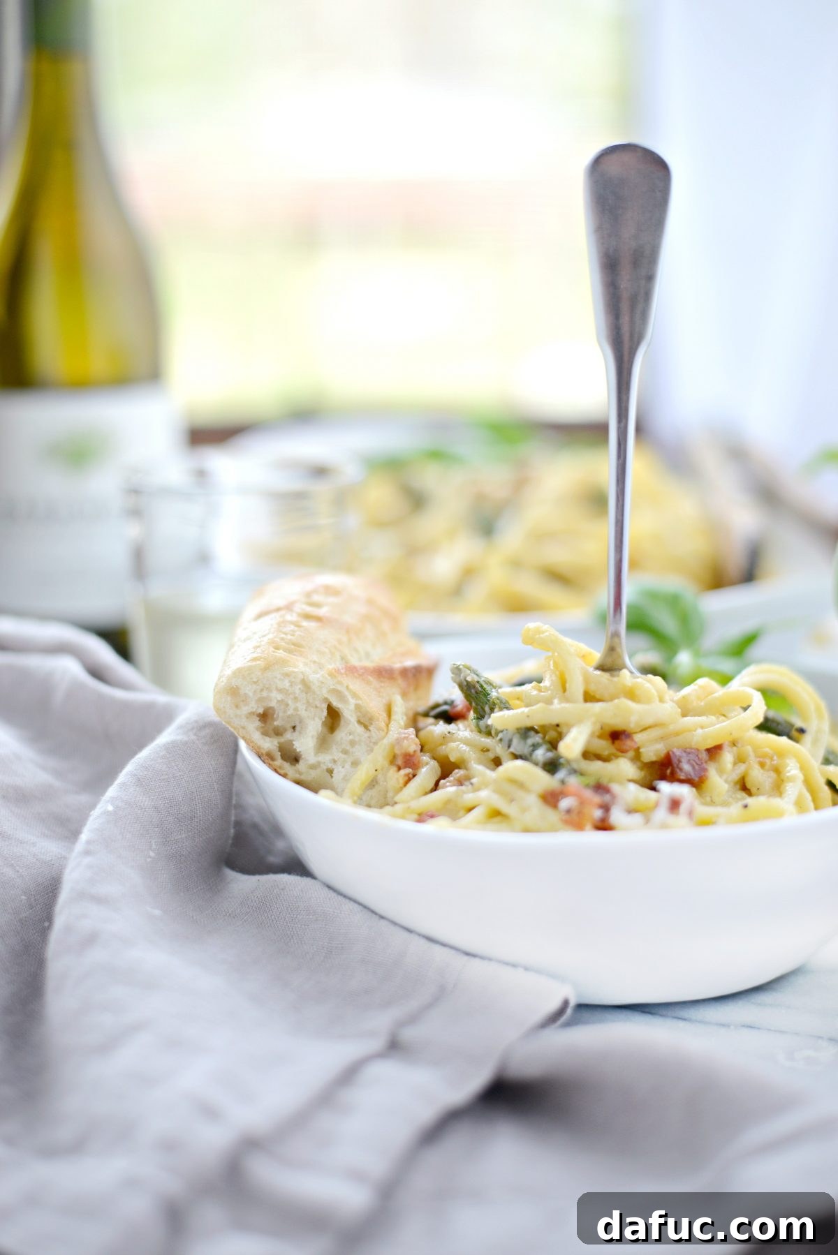 Spring Asparagus Pancetta Carbonara 3 Close-up of creamy Pancetta Asparagus Carbonara pasta dish