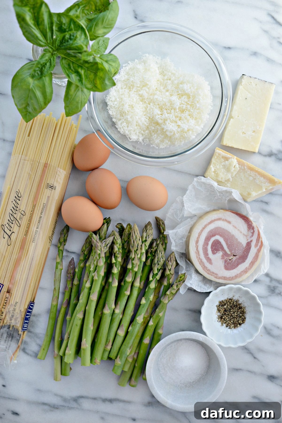 Spring Asparagus Pancetta Carbonara 4 Ingredients for Pancetta Asparagus Carbonara laid out on a table
