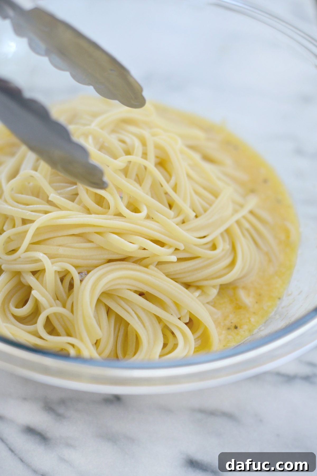 Spring Asparagus Pancetta Carbonara 6 Tossing hot linguine with egg and cheese mixture for carbonara