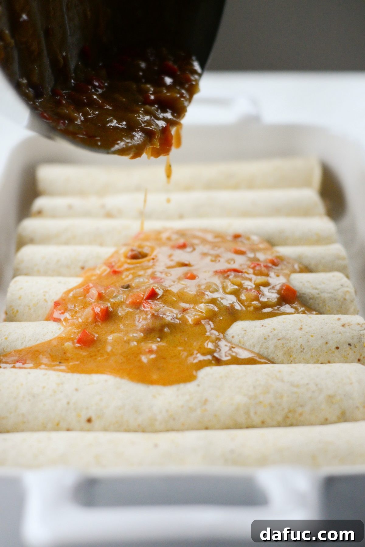 Rolled Lighter Chicken Enchiladas arranged neatly in a baking dish