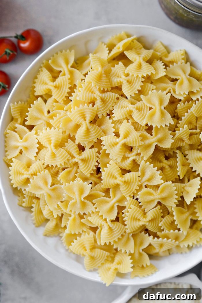Mediterranean Bowtie Delight 8 Dried bowtie pasta in a bowl