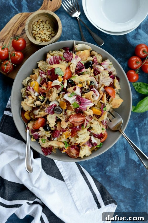 Grilled Radicchio, Bell Pepper & Olive Panzanella, a summery bread salad with fresh tomato vinaigrette.