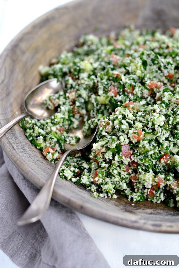 Cauliflower Tabbouleh, a gluten-free and grain-free alternative to traditional tabbouleh.