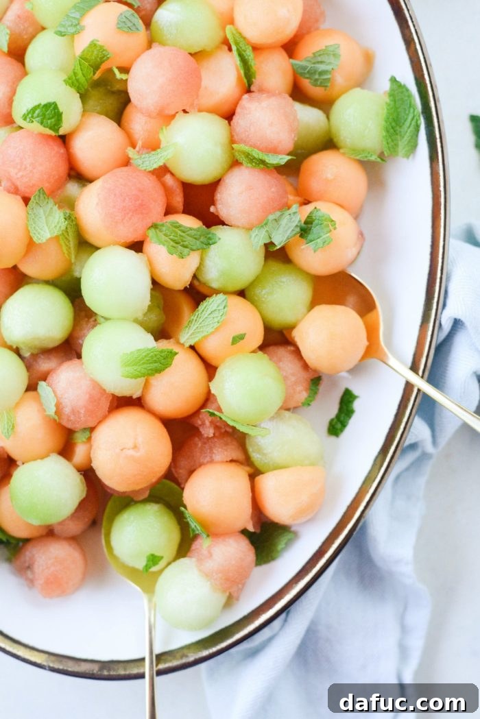 Honey Lime Mint Melon Delight 8 Melon Salad with Honey Lime and Mint, ready to be served