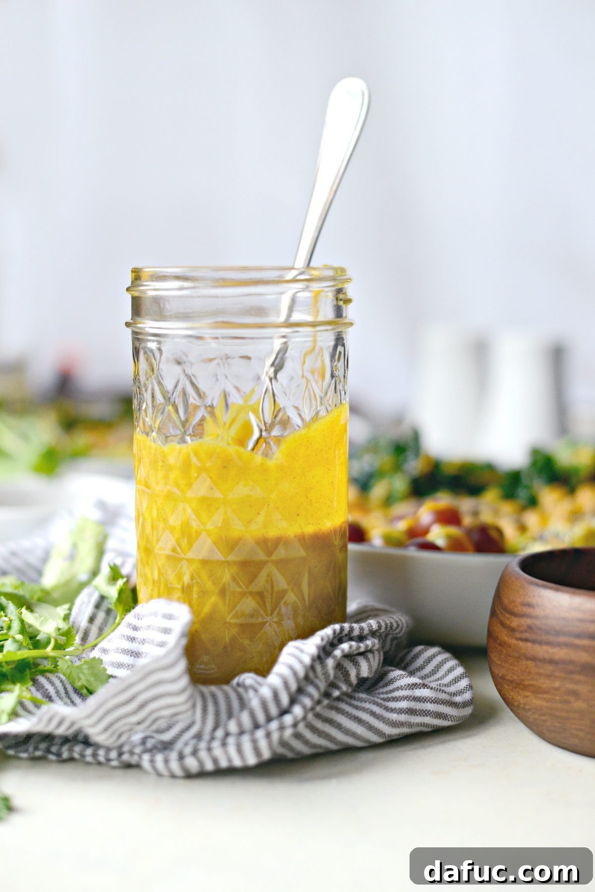 Zen Sweet Potato Bowl 7 Golden Almond Butter Dressing in jar