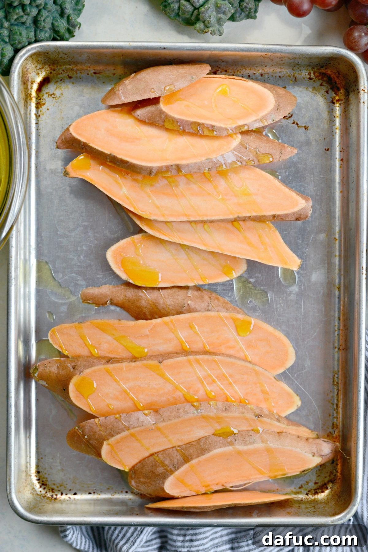 sliced sweet potato with olive oil.