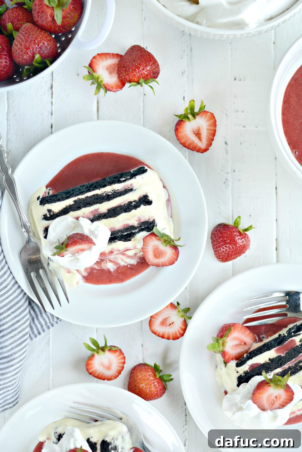 Beautifully sliced Strawberry Swirl Mascarpone Ice Cream Cookie Cake