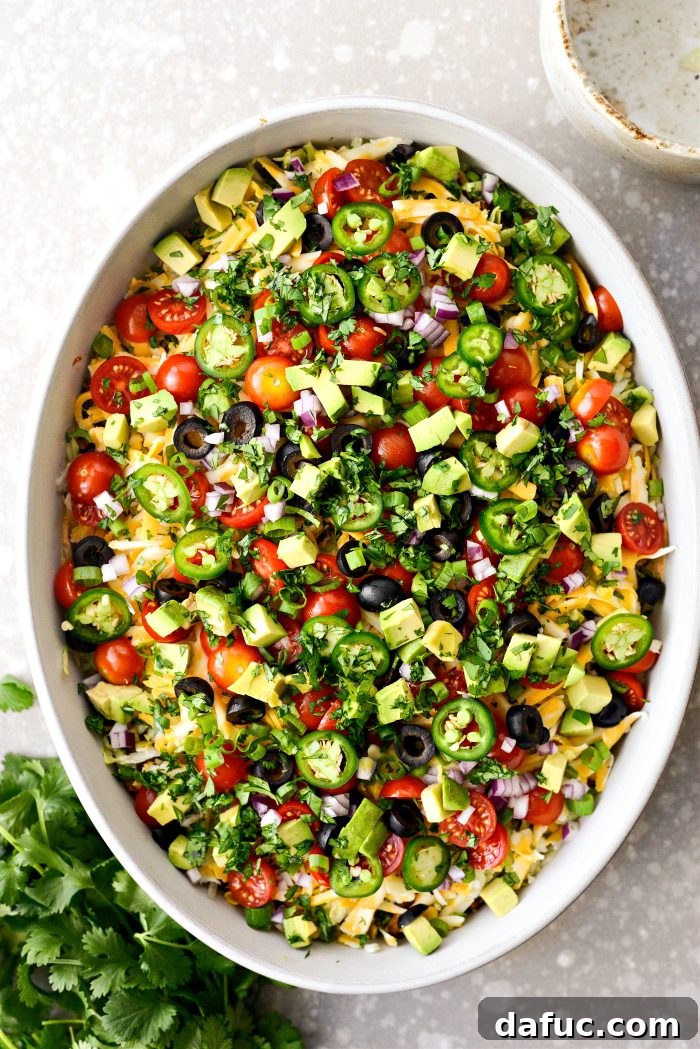 Fiesta Seven Layer Taco Dip 13 Topping with Jalapeños, Avocado, Onions, and Cilantro