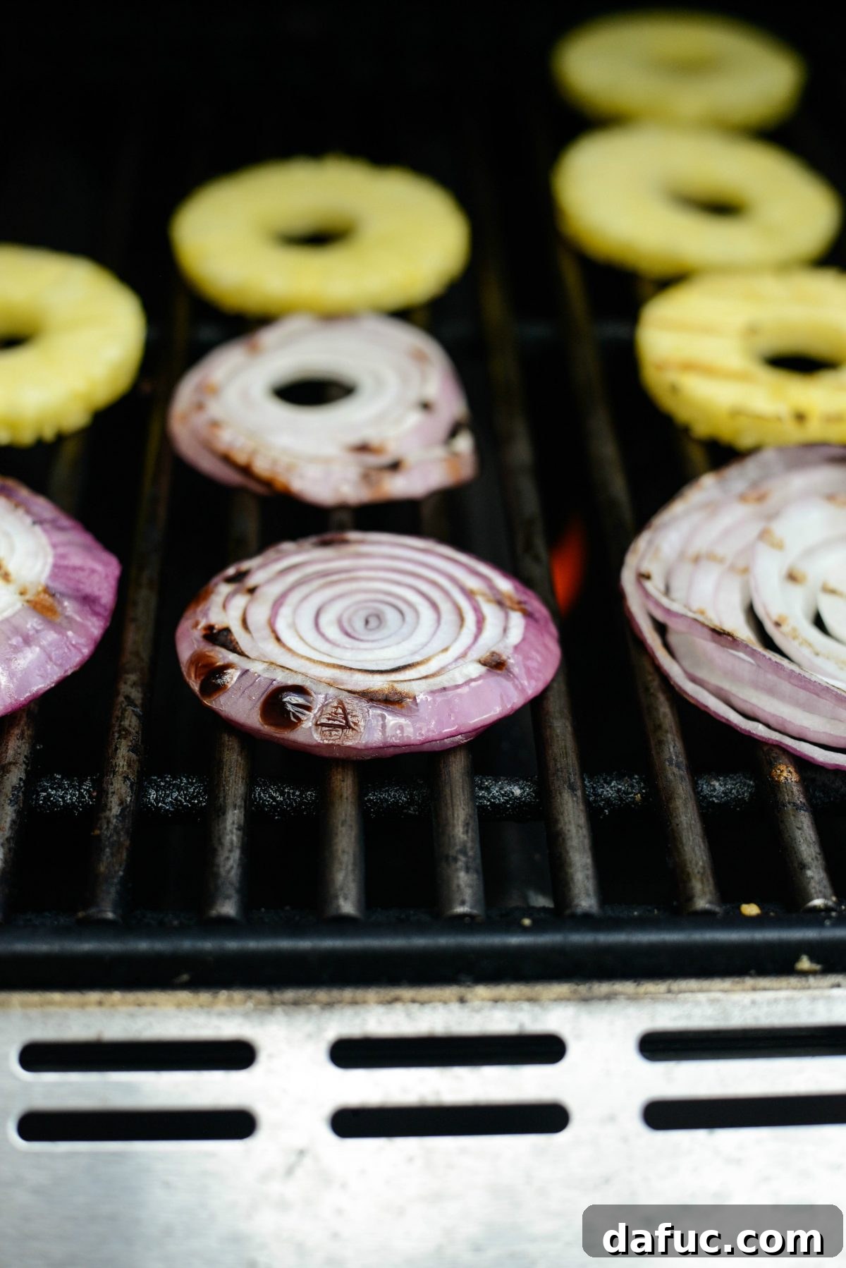 Grilled Teriyaki Portobello Burgers Sweet Heat Wasabi Aioli 11 Perfectly Grilled Red Onion Slices and Pineapple Rings