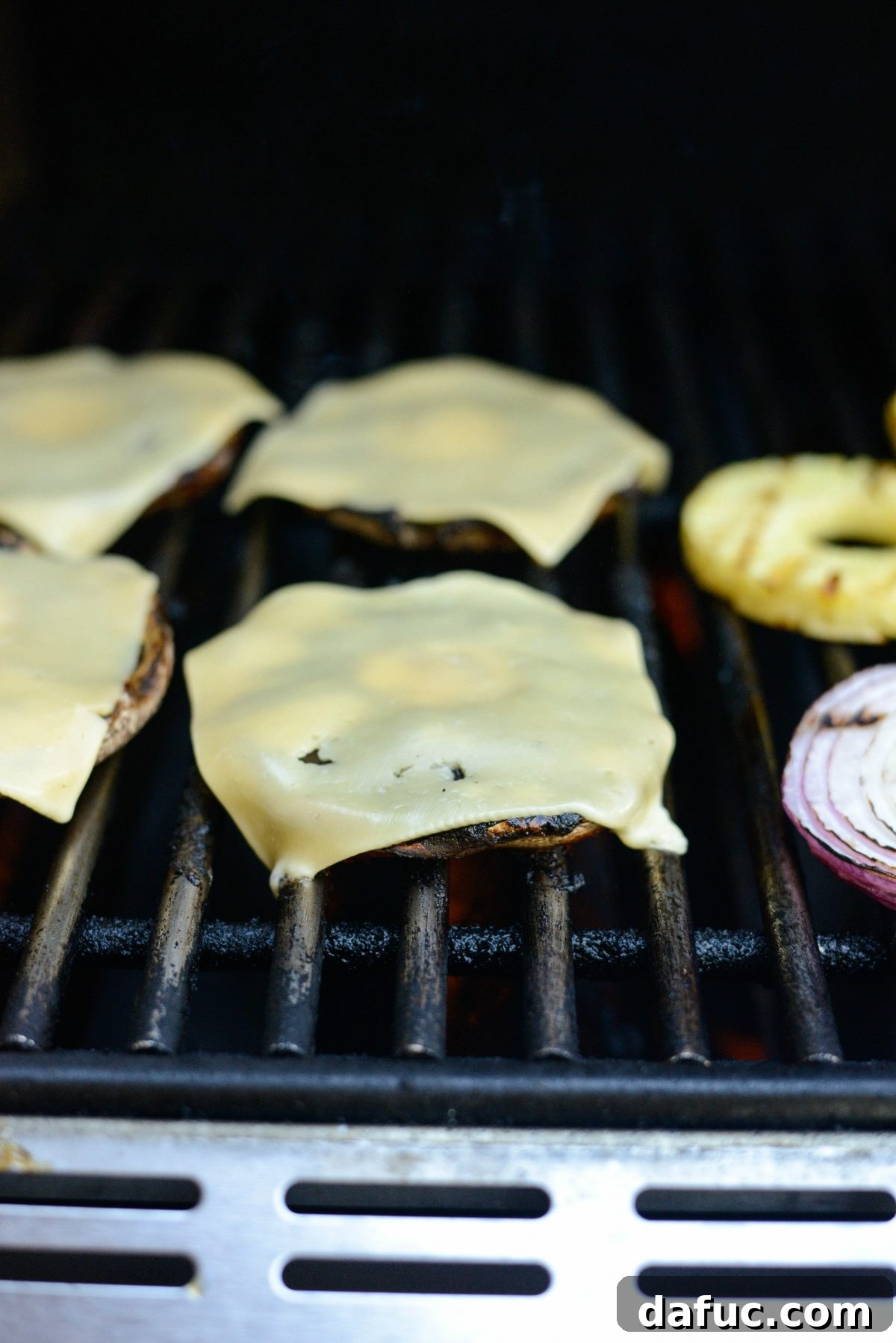 Grilled Teriyaki Portobello Burgers Sweet Heat Wasabi Aioli 13 Adding Gouda Cheese Slices to Hot Portobello Burgers on the Grill