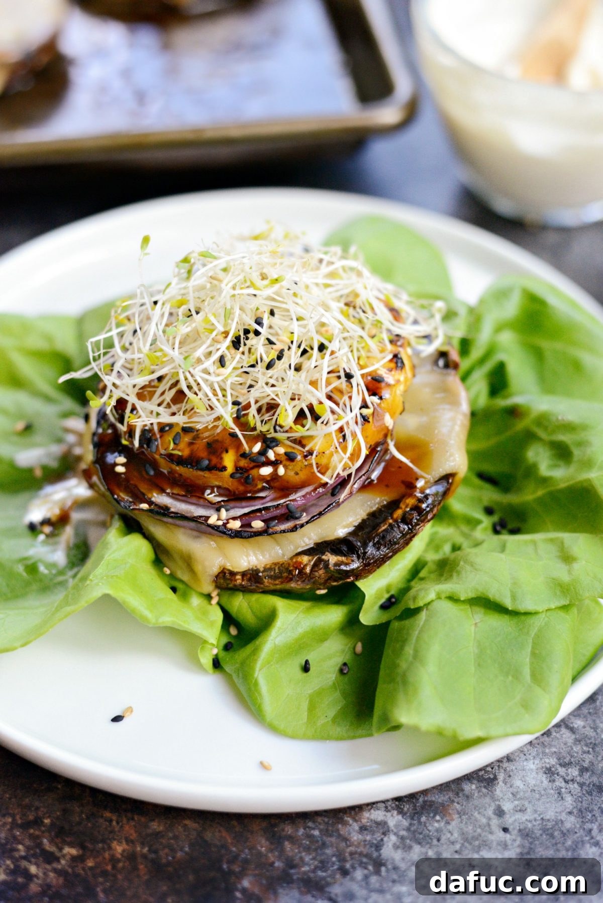 Grilled Teriyaki Portobello Burgers Sweet Heat Wasabi Aioli 15 A Close-up of a Fully Assembled Grilled Teriyaki Portobello Burger with Honey Wasabi Mayo