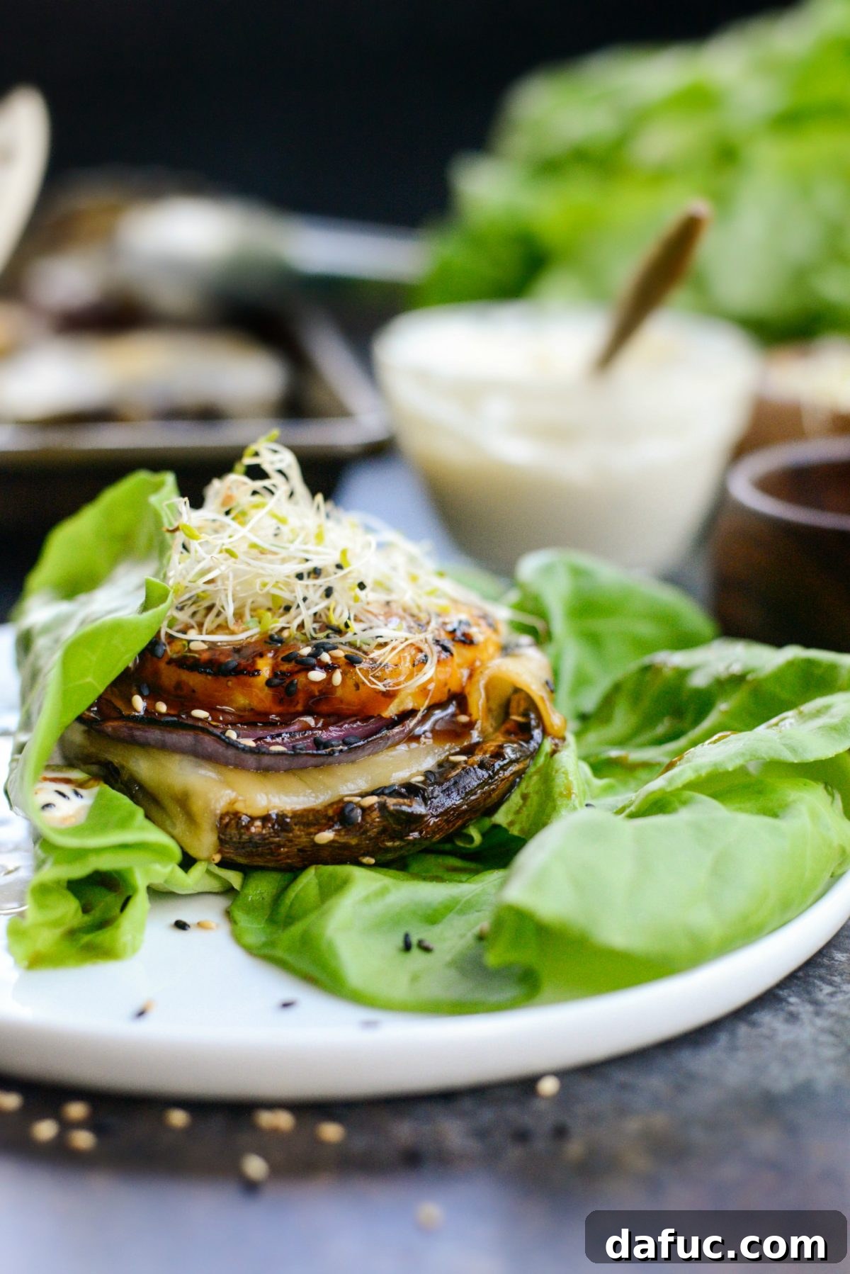 Grilled Teriyaki Portobello Burgers Sweet Heat Wasabi Aioli 16 Beautifully Plated Grilled Teriyaki Portobello Burger Ready to Be Served