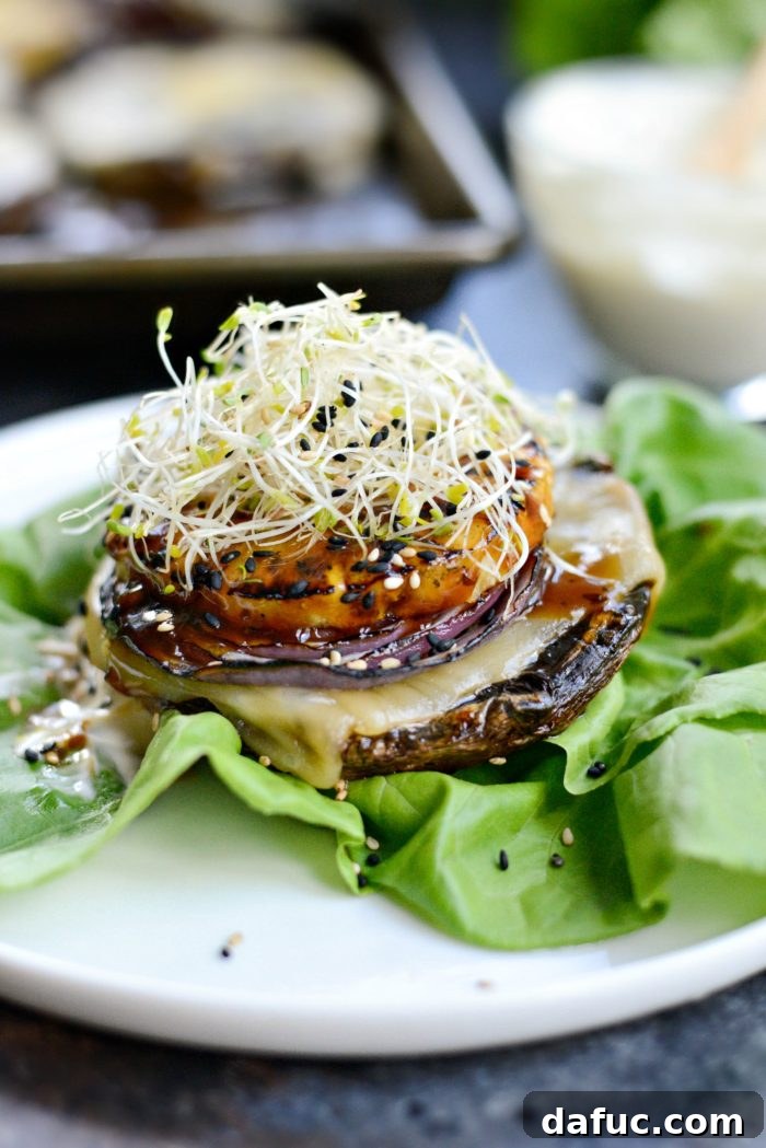 Grilled Teriyaki Portobello Burgers Sweet Heat Wasabi Aioli 3 Assembled Grilled Teriyaki Portobello Burger with Fresh Toppings