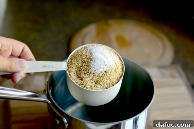 Mastering Fluffy Couscous in Minutes 7 Measured couscous and kosher salt for cooking