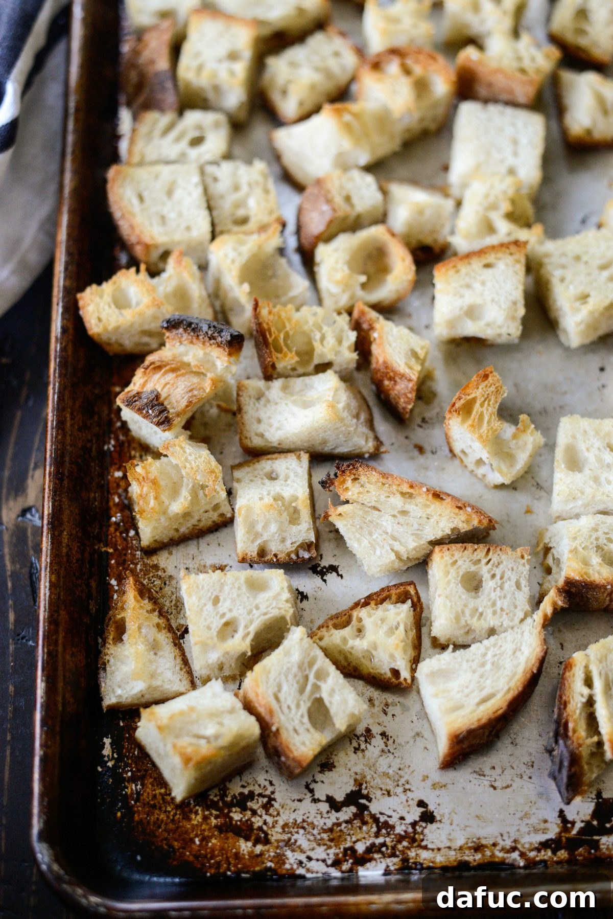 Golden brown and toasted bread cubes after baking, perfect for panzanella