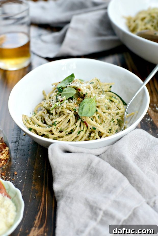 Whole Wheat Spaghetti with Zucchini and Spinach Almond Pesto, a healthy pasta dish